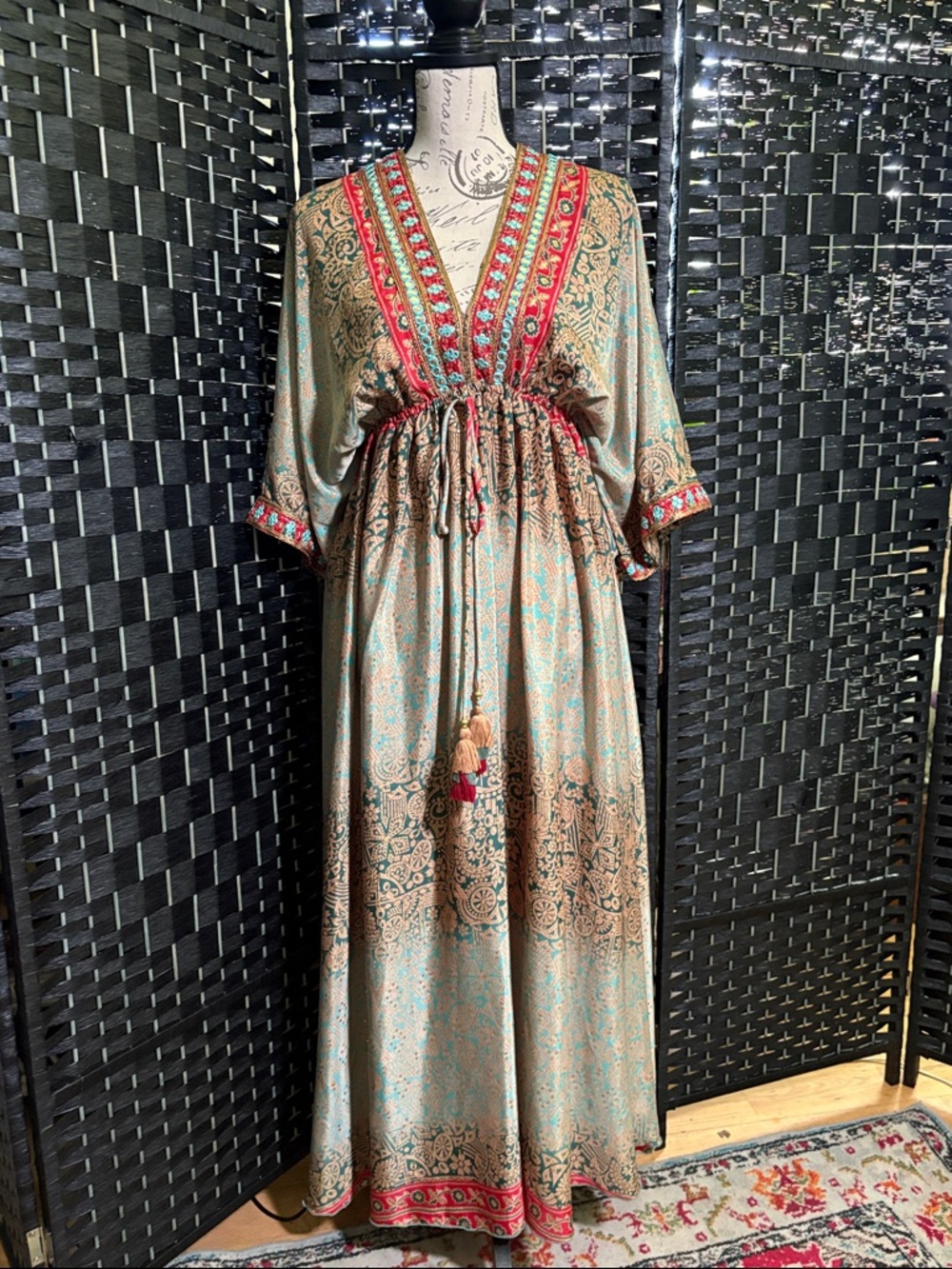 Boho Madrid Embroidered Silk Maxi Dress in Teal, Red, Green and Gold Ladies XL